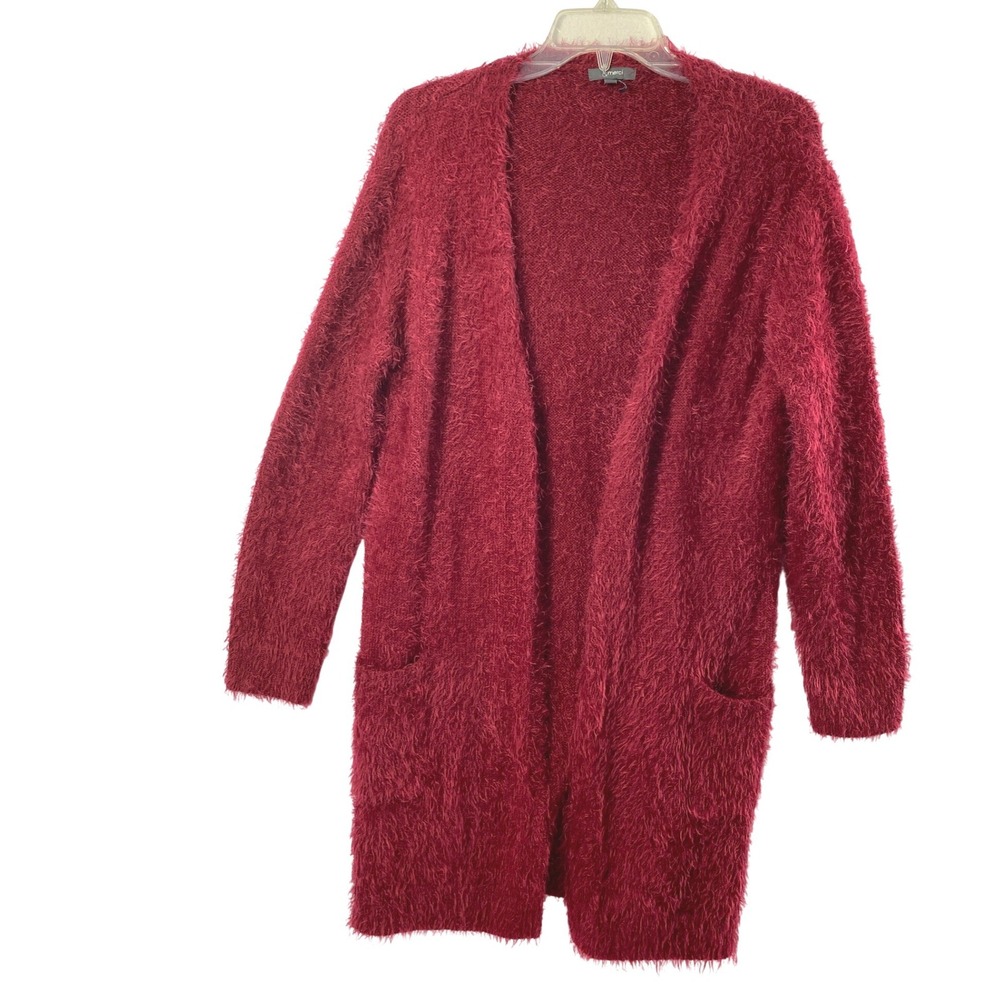 Womens Medium Burgundy Long Cardigan Fuzzy Open Front Sweater Soft Winter